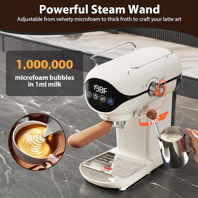 Espresso Machine with Steam Milk Frother Semi Automatic 20 Bar Compact White with Touch Screen for home Cafetera Espresso, Latte, Cappuccino, Americano, Macchiato