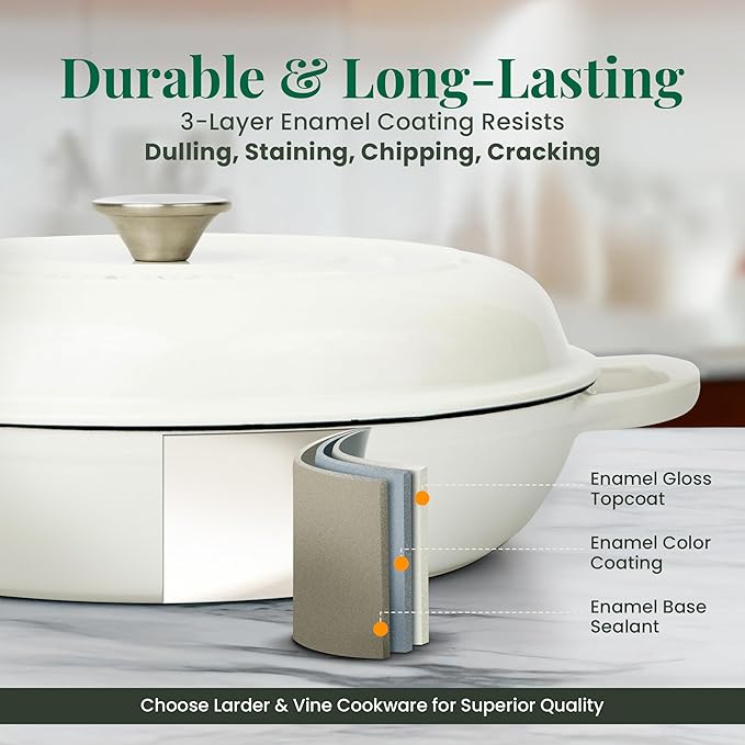 Larder & Vine Enameled Cast Iron Braiser | 3.6 qt Braiser Pan with Lid | Shallow Dutch Oven Compatible on All Cooktops | Casserole Dish Oven Safe to 500ì§?F | Dual Handles | White