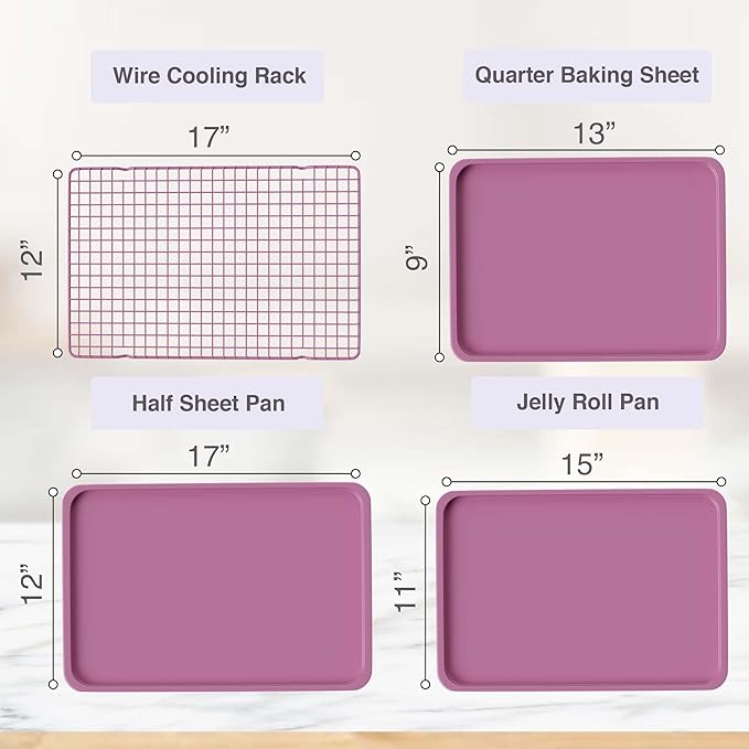3 Pink Baking Sheet set with Cooling Rack Baking Sheet Pans Set, Pink Cookie Sheets for Baking Nonstick with Wire Rack Set of 3 Pink Baking Sheets for Oven, Half/Quarter/Jelly Roll Pan