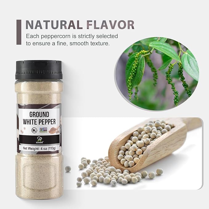 Soeos Ground White Pepper, 4 oz, Non-GMO, Kosher Certified, Fresh, Aromatic and All-Natural, White Peppercorns Powder, Perfect for Barbecue, Stir-Fry, Soup