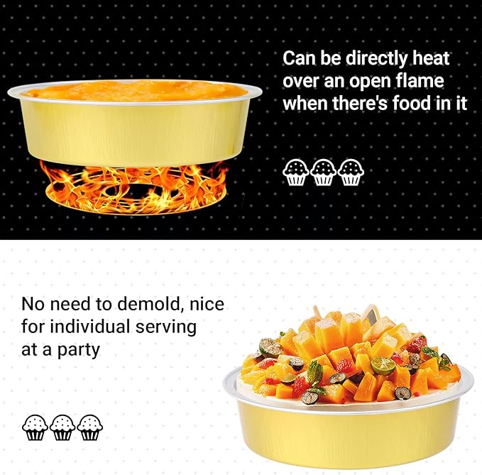 Beasea Aluminum Ramekins 100 Pack, 7.3oz 215ml Disposable Ramekins Foil Cups No Lids 4" Baking Ramekin Cup Cupcake Aluminum Mini Baking Cups for Party - Golden