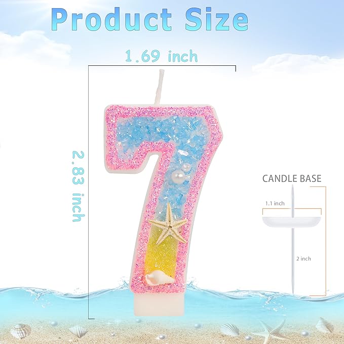7th Birthday Candle for Cake, Pink Beach Starfish Sequins Number Candles, 2.76 inch Pink Cake Topper Decoration for Birthday Party (Number 7)