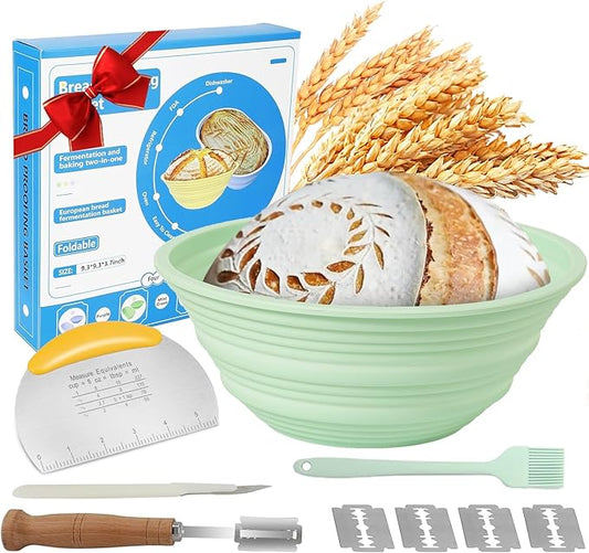 Silicone Banneton Bread Proofing Baskets, Sourdough Bread Baking Supplies, 9 Inch Round Foldable Baking Basket, Complete Set for Bread Making With Essential Tools and Gifts Green