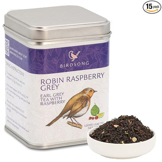 Birdsong Robin Raspberry Grey - Organic Black Tea with Citrus Notes, Caffeinated English Breakfast Earl Grey Assam Tea with Raspberry, 100% Natural Sweet, 18 Non-GMO Plant-Based Pyramid Tea Bags