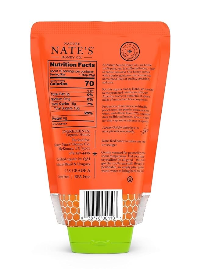 Nature Nate's 100% Pure USDA Organic Raw & Unfiltered Honey, 14 oz. No-Drip Sustainable Squeeze Pouch; Purity Guarantee, No Additives