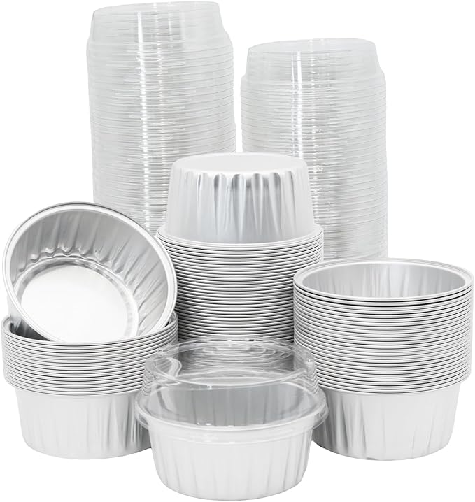 100 Pack 4.2oz Aluminum Cups with Lids Mini Flan Containers with Lids Cupcake Baking Cups, Silver