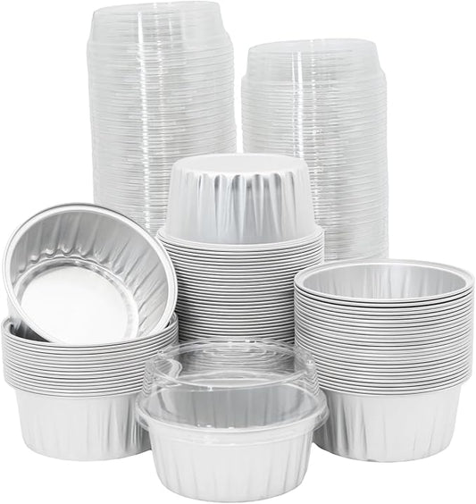 100 Pack 4.2oz Aluminum Cups with Lids Mini Flan Containers with Lids Cupcake Baking Cups, Silver