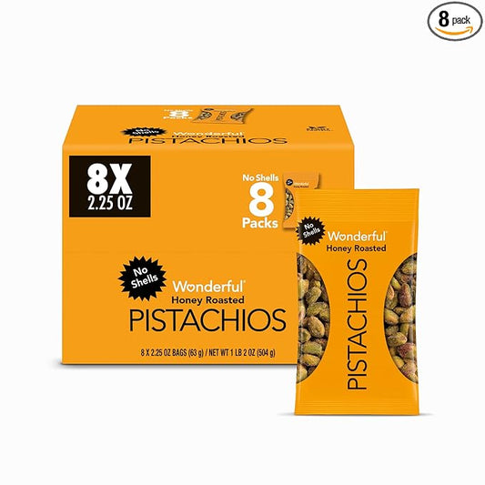 Wonderful Pistachios No Shells, Honey Roasted Nuts, 2.25 Ounce Bag (Pack of 8), Protein Snacks, Sweet Snacks, Gluten Free, Healthy Snack