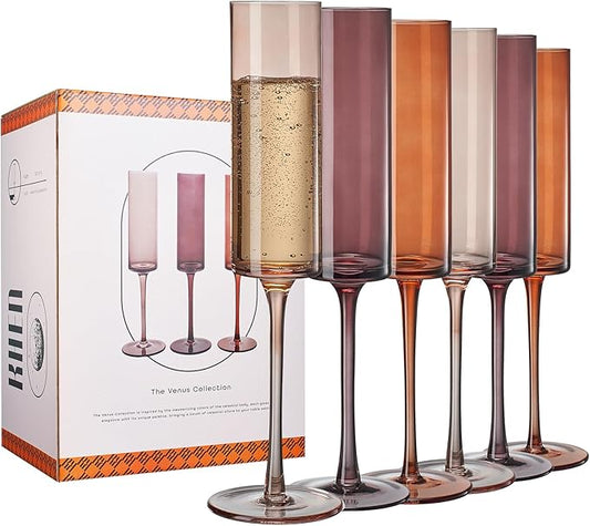 Khen Venus Glasses Luxury Glassware - Set of 6 - Everyday, Winter Gift Her, Mom, Wife, Girlfriend, Special Celebrations Drinkware, Textured Glass, Brown Style Amber Colored -Champagne Flute 6oz