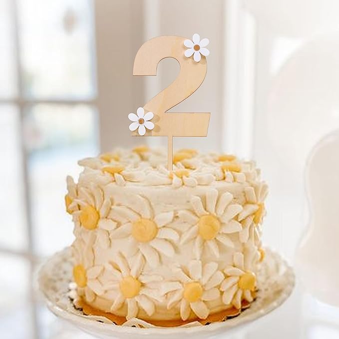 Wooden Daisy Cake Topper - 2nd Birthday Decor, Retro Groovy, Boho, Wooden Cake Decorating Supplies, Second Anniversary