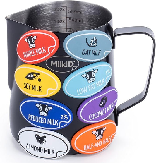 Milk Frothing Pitcher with 8 Allergen Silicone Snap-On Labels | Must-Have Barista Tool | Coffee Bar Accessories & Espresso Accessories Kit | (20oz / Black Pitcher + Labels)
