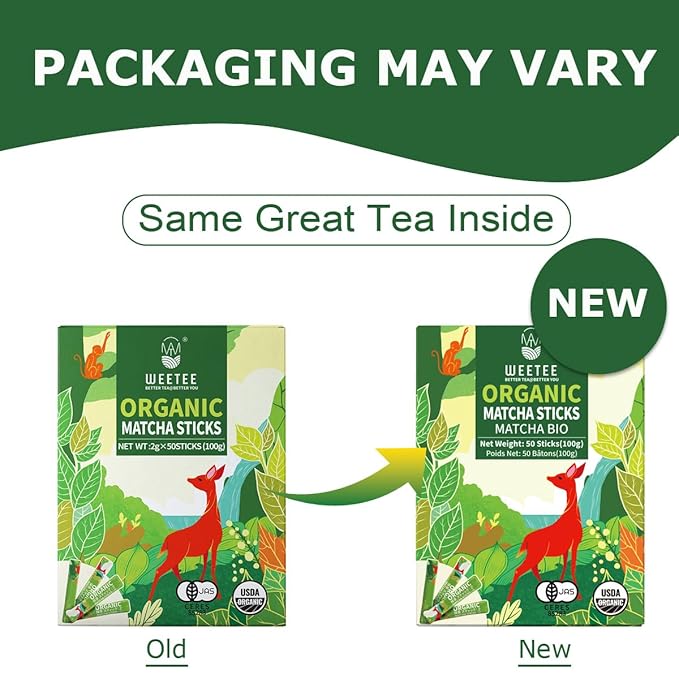 WT WEETEE Organic Matcha Green Tea Powder To-Go Travel Sticks, Organic Unsweetened Matcha Powder 50 Count (2g Each), Highly Caffeinated Energy-Boosting