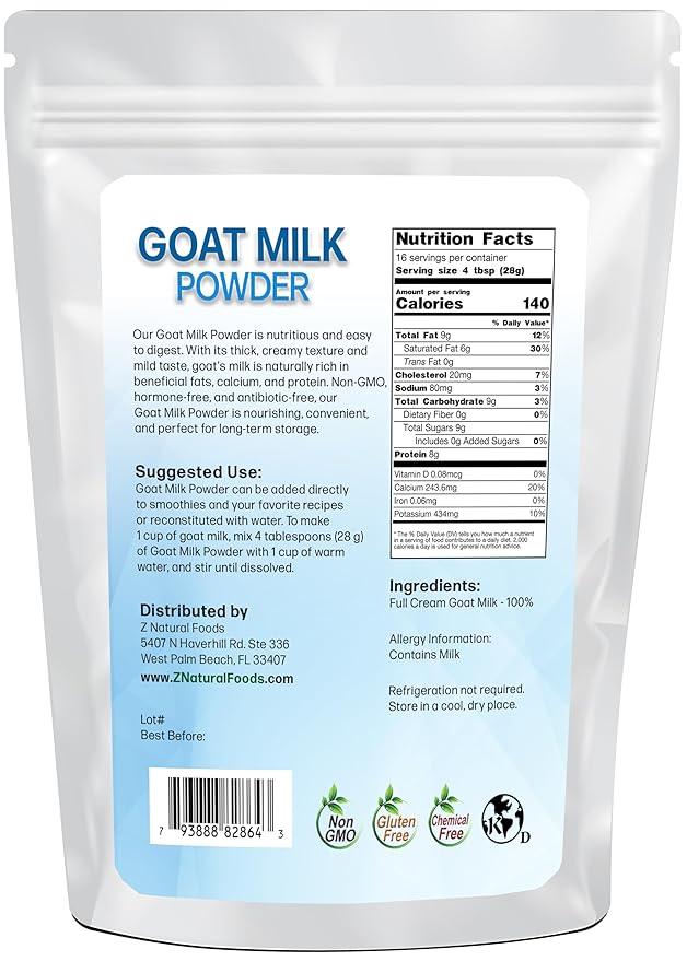 Z Natural Foods Goat Milk Powder - Pure Netherlands Full Cream Milk, Powdered Goat Milk, Highly Nutritious, Easy Digestion - Whole Goats Milk for Adults for Smoothies, Cooking, Baking, 1 lb