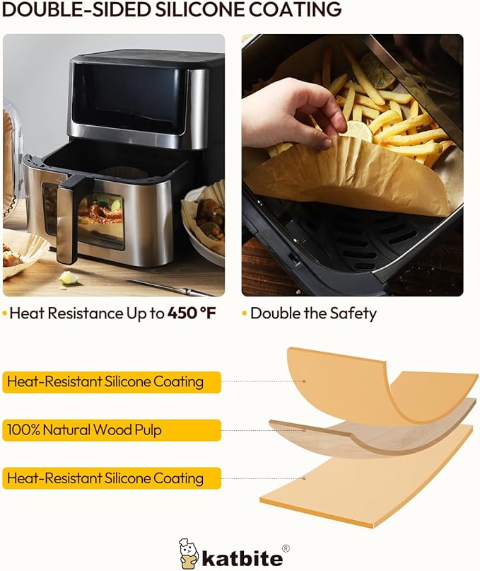 Katbite Air Fryer Liners Disposable - 8 inch Square Non-Stick Airfryer Paper Liners, Unbleached Parchment Paper for 5 to 8 Qt Basket, Frying, Baking, Cooking, Roasting, Easy Cleanup, 130pcs