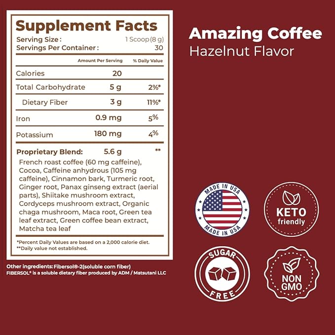 Superfoods Company | Amazing Coffee - Instant Coffee| Mushrooms, Superfoods - Hazelnut French Roast - Gluten Free, Non-GMO, Sugar Free, Vegan, Keto Friendly [60 Servings]