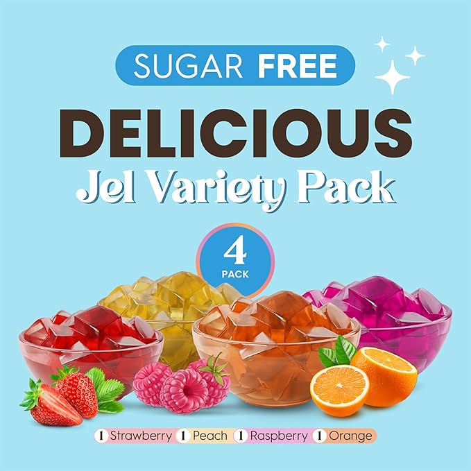 Simply Desserts Sugar-Free Jel Variety 4-Pack (Raspberry, Peach, Orange, Strawberry) ??Vegan Dessert, Keto Snacks, Diabetic Friendly & Kosher, 1.7 Oz Ea