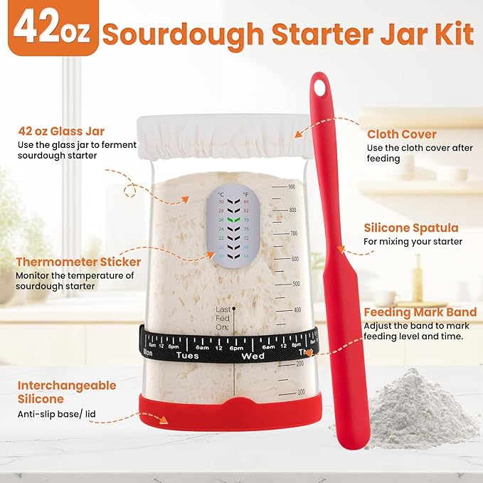 TomCare Sourdough Starter Kit 38PCS Sourdough Bread Baking Supplies, 42oz Glass Starter Jar 10'' Round Cotton Bread Proofing Basket 10pcs Bread Bags 10pcs Measuring Cups Silicone Baking Mat Tools