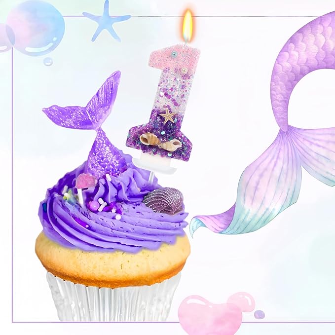 Purple Mermaid Party Number 1 Cake Candles, 2.76 inch Birthday Candle, Cake Topper Decoration for Birthday Party (Number 1)