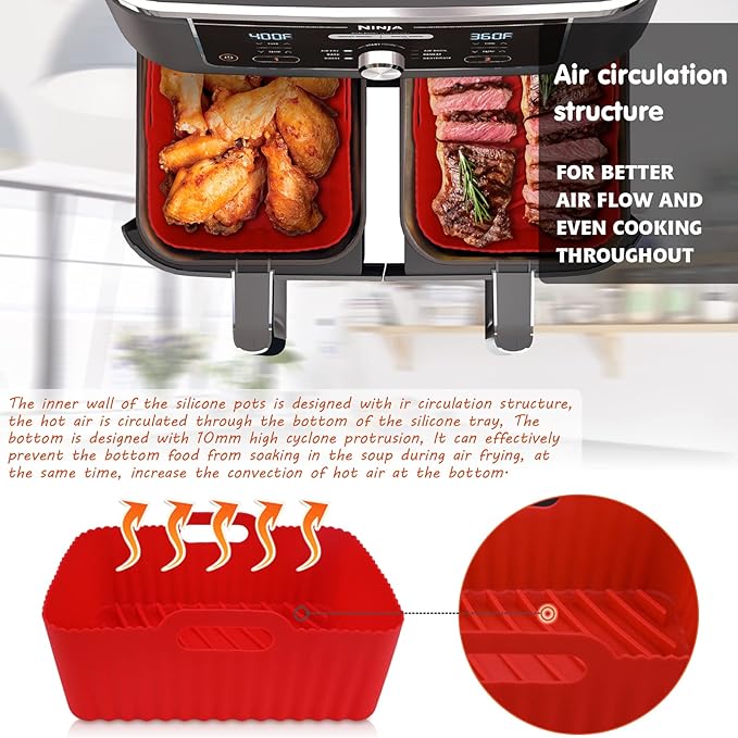 WMKGG Silicone Air Fryer Liners, 2PCS Reusable Rectangular Air Fryer Silicone Liners, Non-Stick Basket Accessories for Ninja Foodi Dual DZ201/DZ401 8-10QT