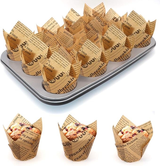 150pcs Tulip Cupcake Liners Baking Cups Muffin Liner Grease-Proof Paper Cupcake Wrappers for Wedding, Birthday Party, Standard Size (Natural Newspaper Printed)