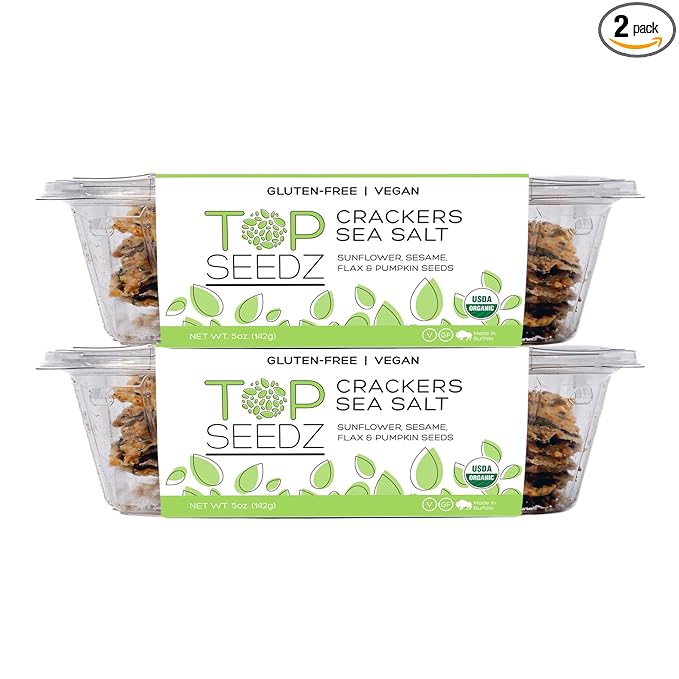 Top Seedz Certified Organic Gluten Free Sea Salt Seed Crackers | 2-Pack | 5 Ounces | Healthy Vegan Crackers with Plant Based Protein | Made of Sunflower, Flax, Sesame and Pumpkin Seed