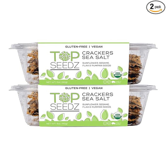 Top Seedz Certified Organic Gluten Free Sea Salt Seed Crackers | 2-Pack | 5 Ounces | Healthy Vegan Crackers with Plant Based Protein | Made of Sunflower, Flax, Sesame and Pumpkin Seed