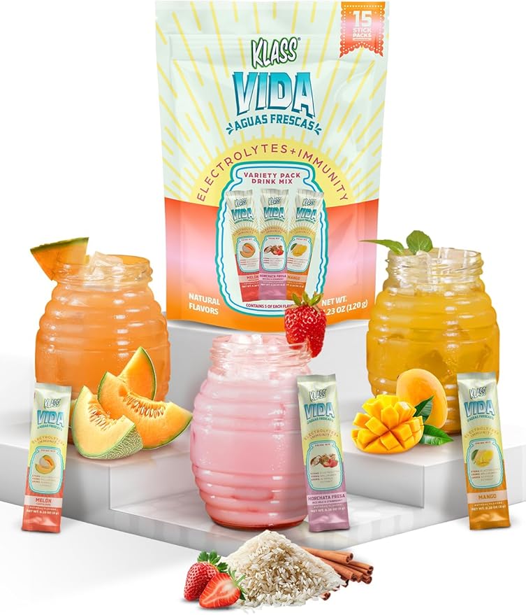 Hydration + Immunity Sugar-Free Powder Packets Mango, Horchata Fresa & Cantaloupe Electrolyte Agua Fresca Drink Mix Wellmune & Acerola Extract 15 Single Serve Sticks Low Calorie
