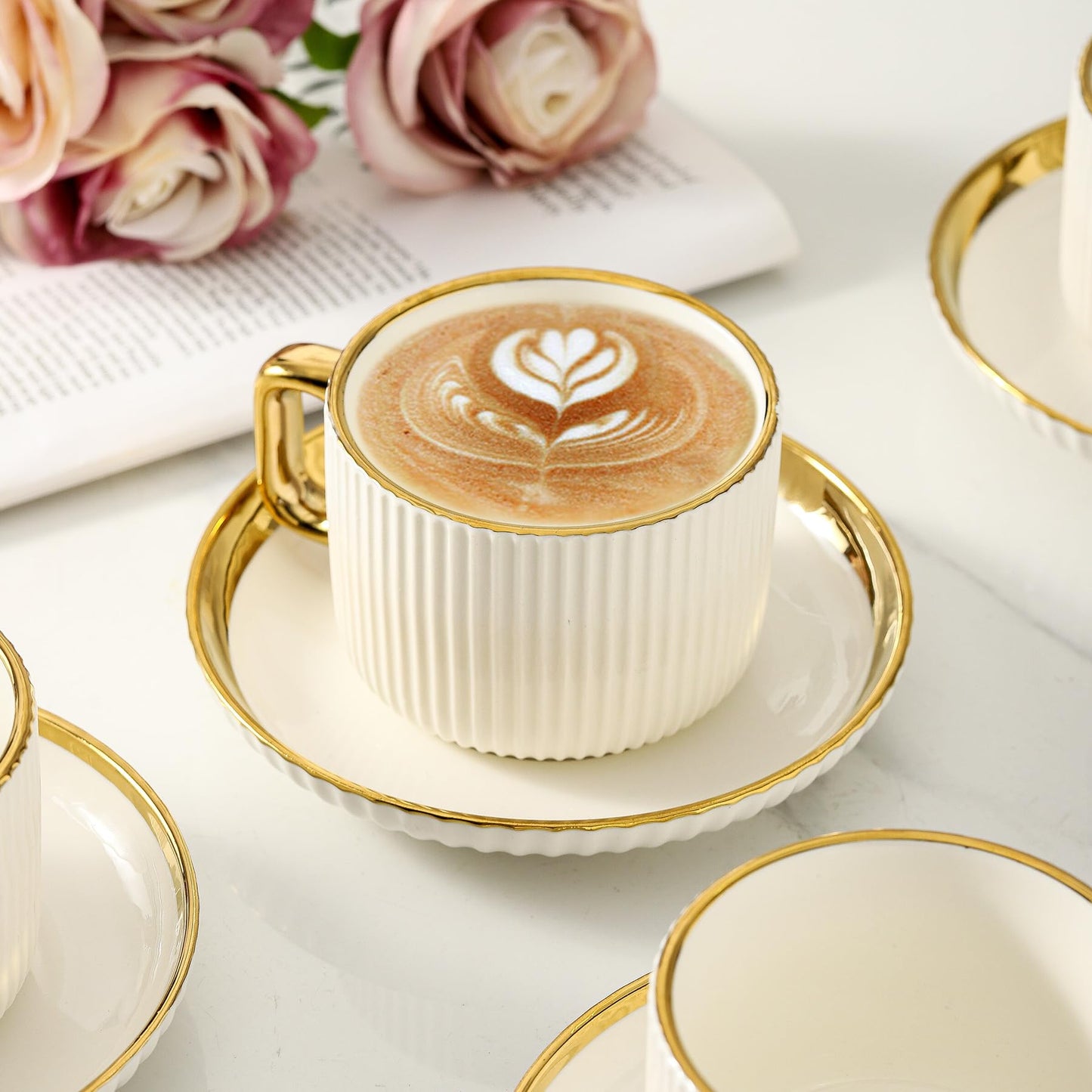 LETAOTAO Cappuccino Cups with Saucers, 8oz Ceramic Coffee Cups with Saucers Set, Latte Art Coffee
