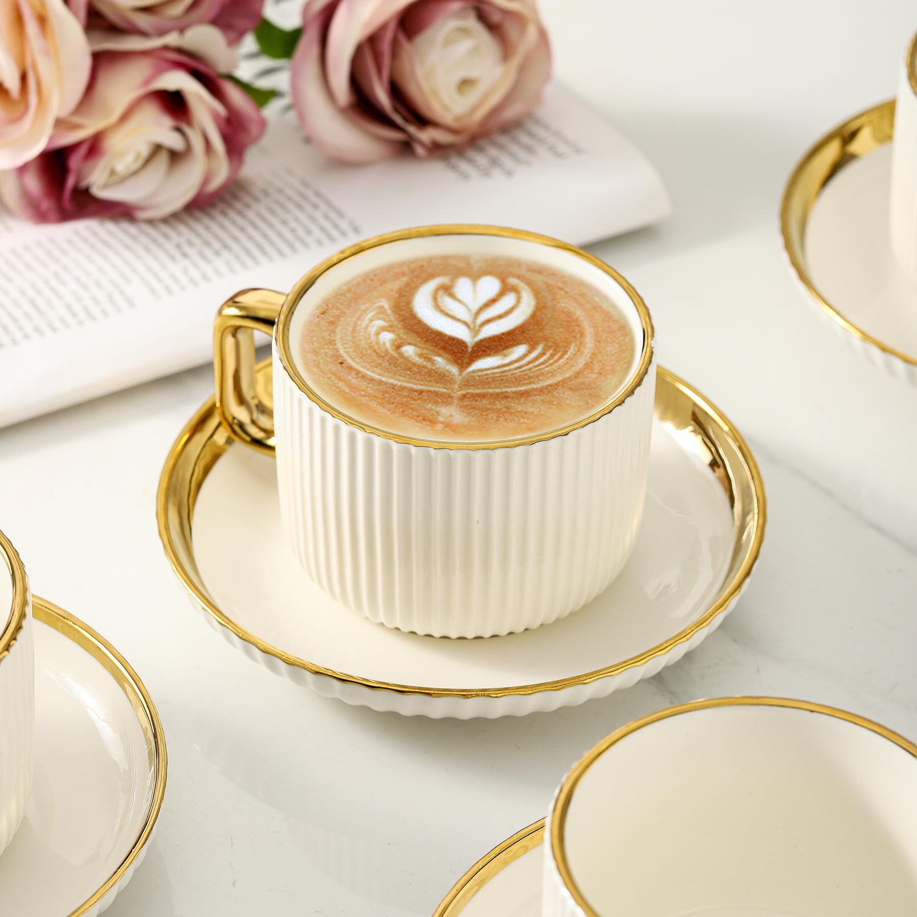 LETAOTAO Cappuccino Cups with Saucers, 8oz Ceramic Coffee Cups with Saucers Set, Latte Art Coffee