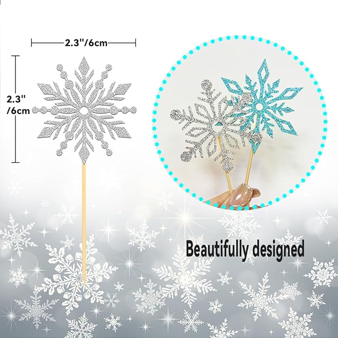 24PCS Glitter Snowflake Cupcake Toppers for Snowflake Decorations, Frozen Snowflake Cake Topper, Christmas Snowflake Cake Picks for Winter Decorations (Blue)