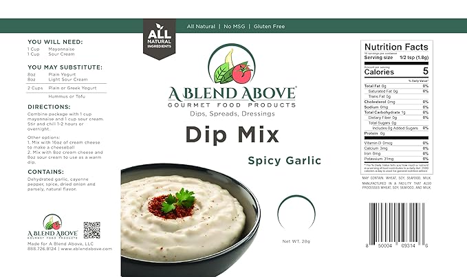 A Blend Above Spicy Garlic Dip Mix for Gourmet Appetizers for Parties, 1 oz Packet (3 Pack), Spicy Dip, Gluten-Free, No MSG, All Natural, No Preservatives, Vegetable Dip, Keto Friendly, Low Carb, Easy to Make
