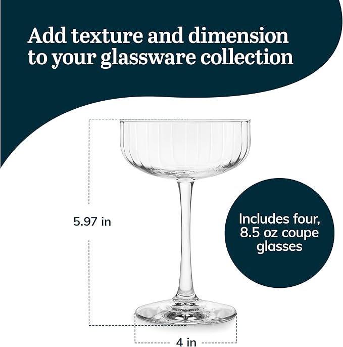 Libbey Paneled Cocktail Coupe Glasses, 8.5 Oz Fine Ribbed Line Coupe Glasses Set of 4, Dishwasher Safe Cocktail Martini Glasses