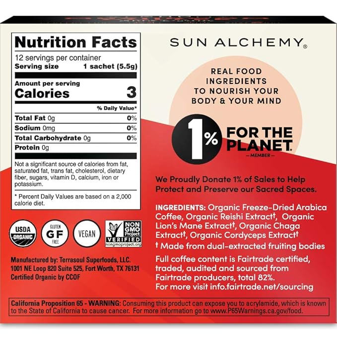 Sun Alchemy Mushroom Coffee, Energize with Organic Fair-Trade Coffee, Lion’s Mane, Reishi, Chaga & Cordyceps Mushrooms - 12 Sachets