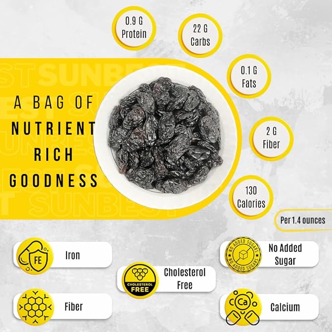 Sunbest Natural Jumbo Black Raisins ??5 lb Bulk Bag (80 oz) ??Plump, Juicy & Nutrient-Rich ??High in Fiber ??Resealable, Perfect for Snacking, Cooking & Baking