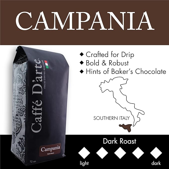 Caffe D'arte Campania Ground Coffee, Dark Roast, Bold & Robust with Chocolate Notes, Fresh Roasted in Seattle, 12 Ounce (1 Pack)