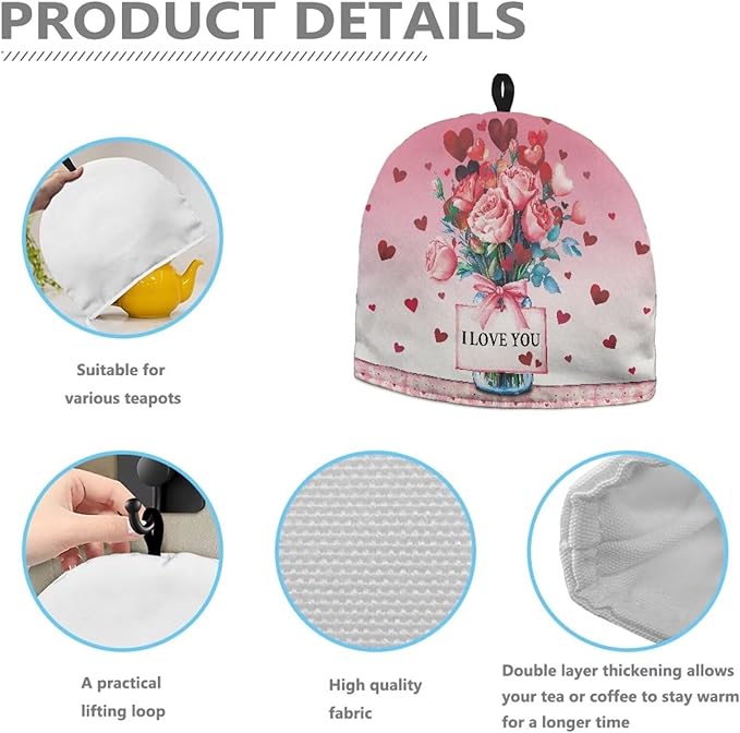 Hudotybom Valentine Rose Tea Cozy for Teapot - Insulated Large Cover to Keep Warm - Machine Washable Coffee Pot Cloth Cover - Valentine's Day Decorations