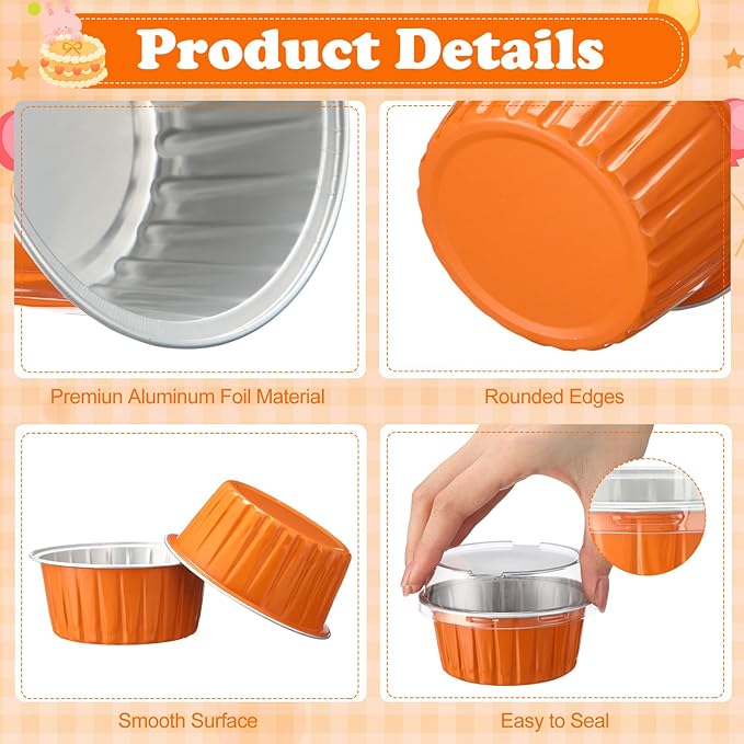 Gejoy 400 Pcs Aluminum Foil Baking Cups with Lids 5 oz Disposable Ramekins Mini Cake Pans Creme Brulee Cupcake Liners Muffin Tins Flan Mold Dessert Container for Wedding(Orange,Classic)