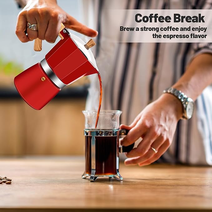 3 Cup Aluminum Moka Pot Classic Stovetop Espresso Coffee Maker 150ml 5oz Coffeemaker Percolator Mocha Pot Greca Coffee Maker Cafe Makers for Italian and Cuban Cafì±?Brewing Red