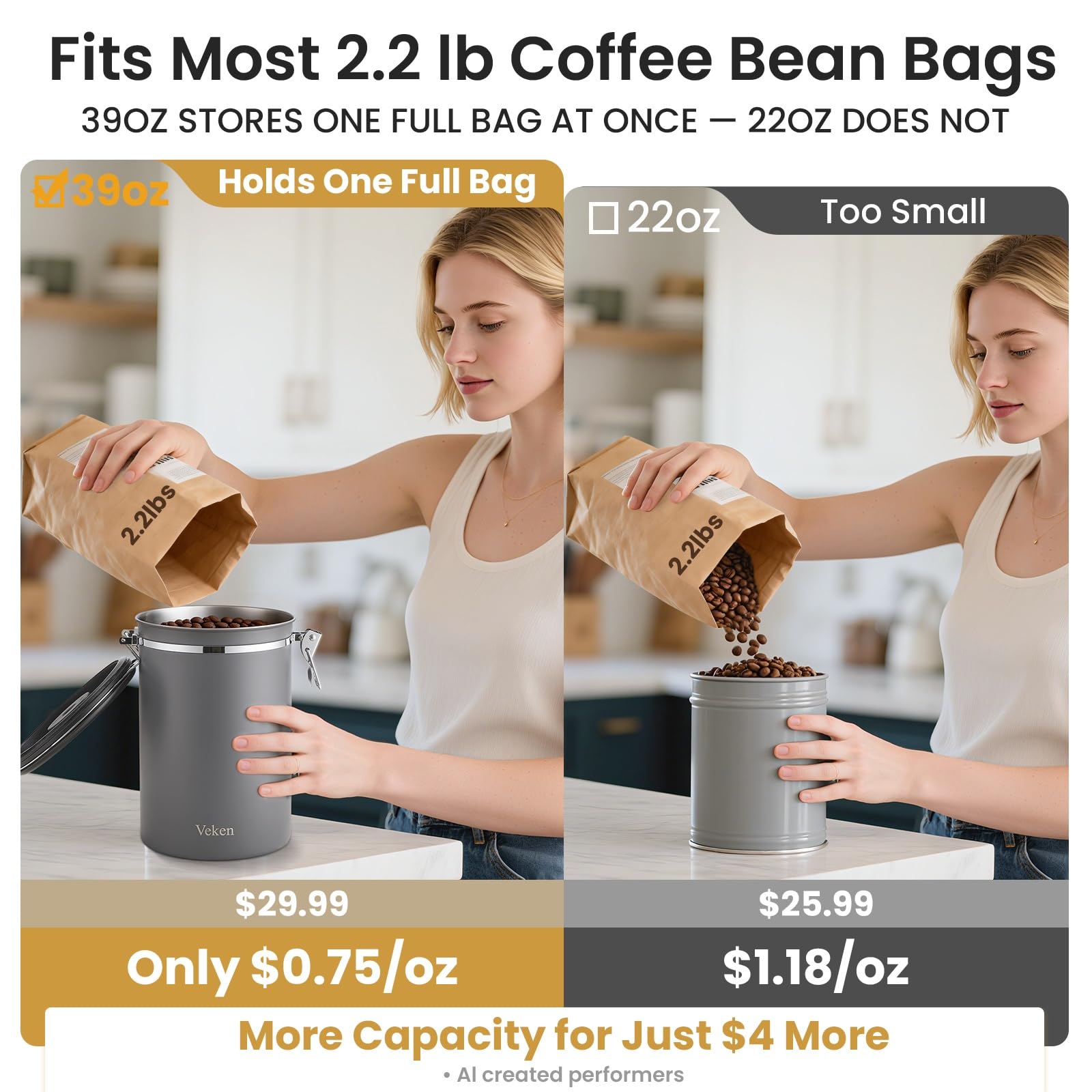 Veken Coffee Canister,39OZ, 2.2lbs,Large Airtight Stainless Steel Container