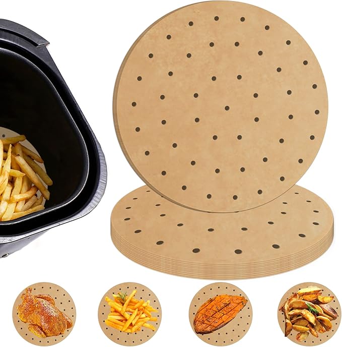 Numola Air Fryer Parchment Paper Liners, 100 Pcs Air Fryer Disposable Papers Liner for Baking, 10 Inch Safe and Non-stick Unbleache Steamer Liner for Microwave, Oven, Steaming Basket