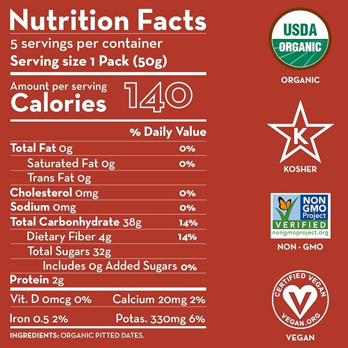 Sunny Fruit Organic Dried Pitted Deglet Nour Dates - 1 Bag (5 Individual Portion Packs) | No Preservatives, No Sugar Added | Healthy, Convenient Superfood Snack Packs | ORGANIC, NON-GMO, HALAL, KOSHER
