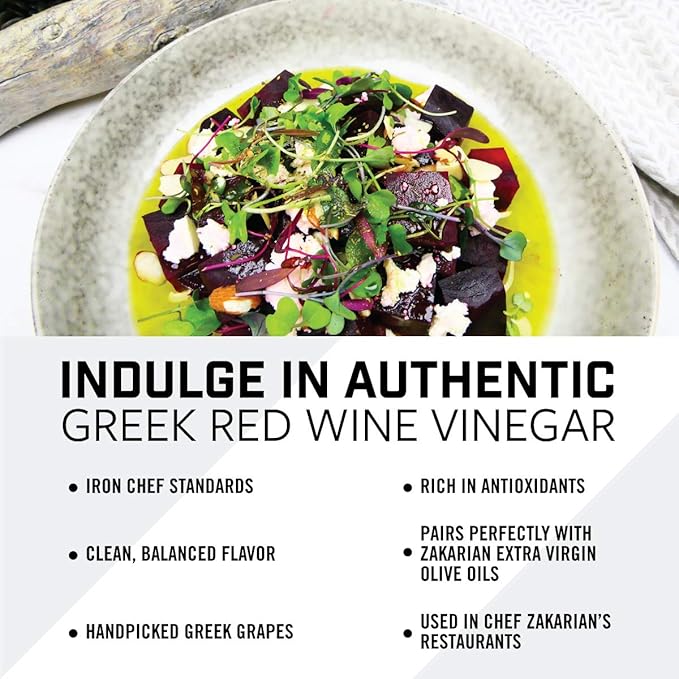 Zakarian: Red Wine Vinegar - Made from Organic Greek Red Grapes - 500 ml - Intense, Refined Flavor - Rich in Antioxidants - Best Served with Extra Virgin Olive Oil on Salads, Seafood and More