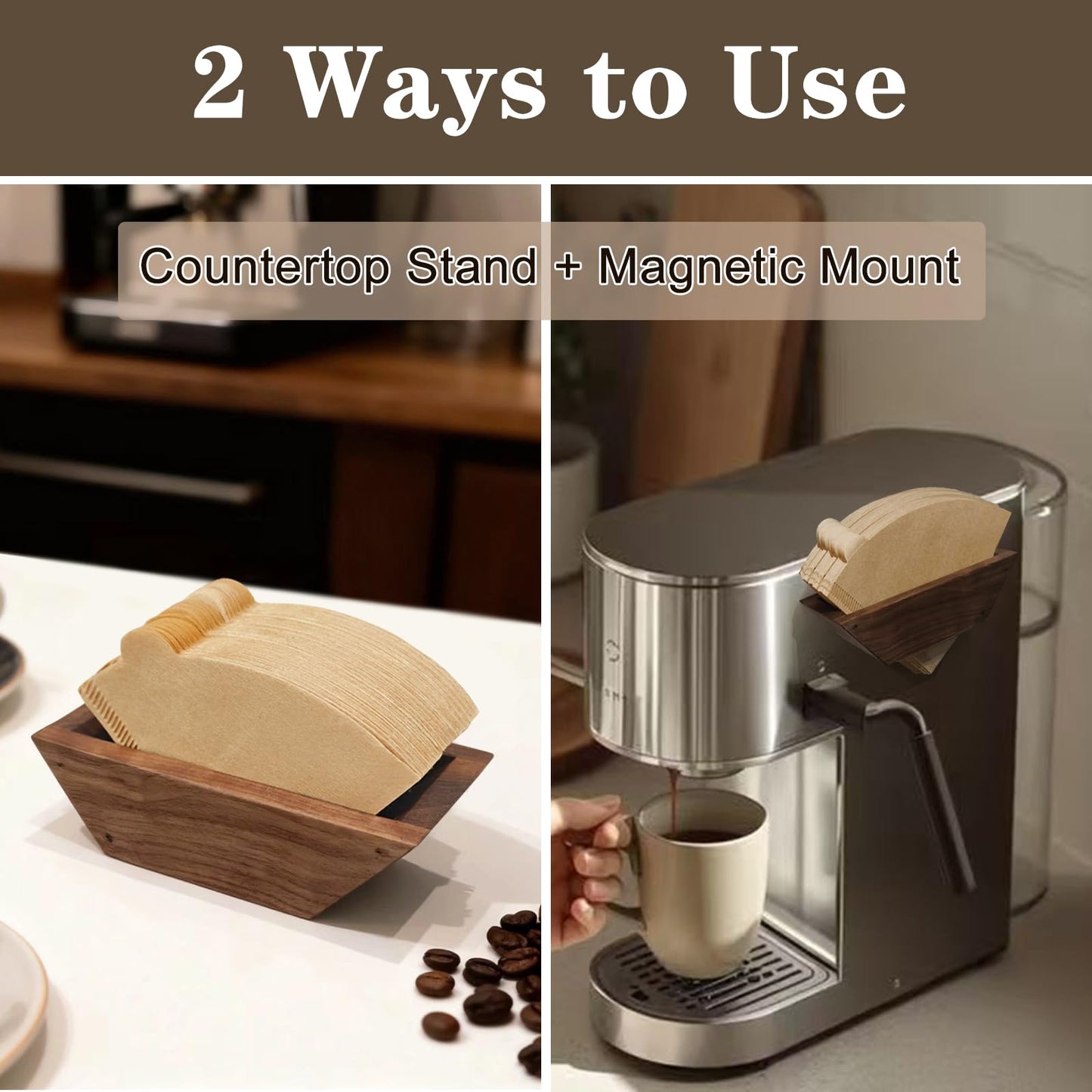Magnetic Coffee Filter Holder, Solid Walnut, Holds Up to 100 Cone Filters