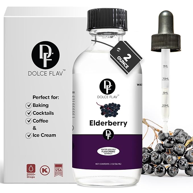 Dolce Flav Elderberry Extract - 2 Ounce Water-Soluble Multipurpose Flavoring Ideal for Baked Goods, Beverages, Coffee, Desserts & Ice Cream - Perfect Kitchen Gift for Holidays