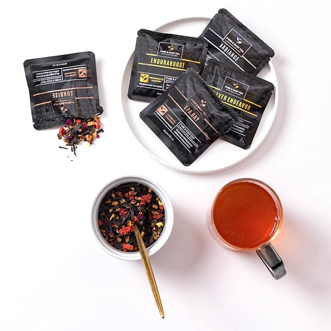 Pure And Easy Tea, Premium Loose Leaf Tea Sampler Set, 30-Count Variety Pack with 10 Herbal & Caffeinated Flavors, Natural Wellness & Luxury Tea Gift Box, 150g