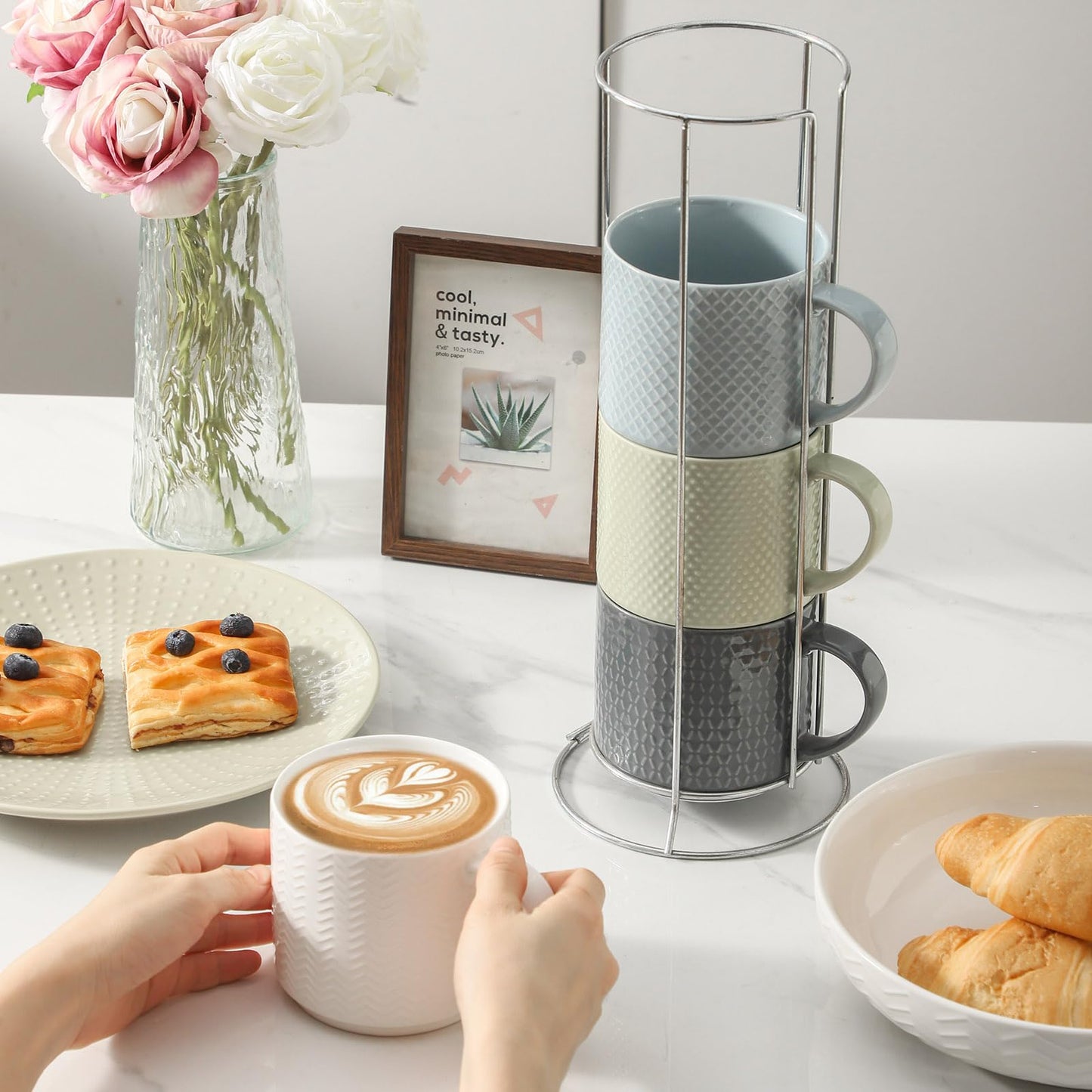 HASENSE Coffee Mugs with Metal Stand,15 oz Ceramic Stackable Mug Set Embossed Latte Cup, Ceramic