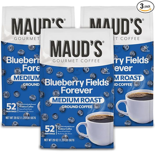 Maud's Blueberry Flavored Medium Roast Ground Coffee, 3 Bags (60oz), 100% Arabica Coffee, 156 Servings