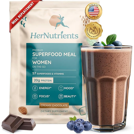 SuperFood Meal Replacement for Women - All-In-One Protein Powder with Greens & Vitamins & Collagen | Chocolate Protein Shake & Supplement Snack for Women's Health, Energy, Focus, Beauty, Mood, No Added Sugar  (1 Sample Packet, Chocolate)