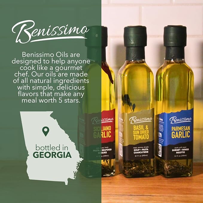 Benissimo Parmesan Garlic Herb Infused Oil, All Natural Gourmet Cooking Oil with Chef-Inspired Herbs, Ideal for Dipping, Marinades, Sautéing, Drizzling, 8.1 fl oz