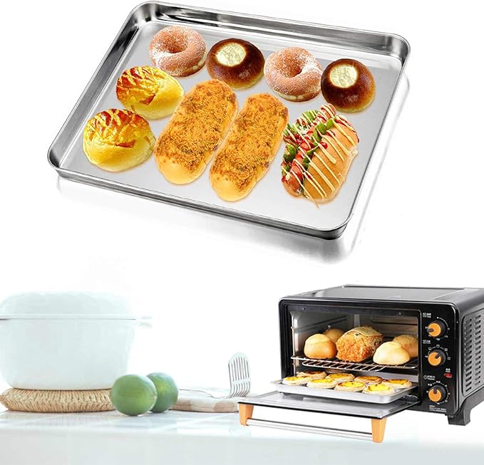 TeamFar Baking Sheet Cookie Sheet Set of 2, Pure Stainless Steel Baking Pan Tray Professional, Non Toxic & Healthy, Mirror Finish & Rust Free, Easy Clean & Dishwasher Safe